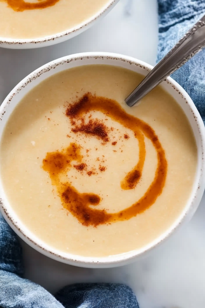 Comforting creamy soup with chili oil drizzle, ready to enjoy.