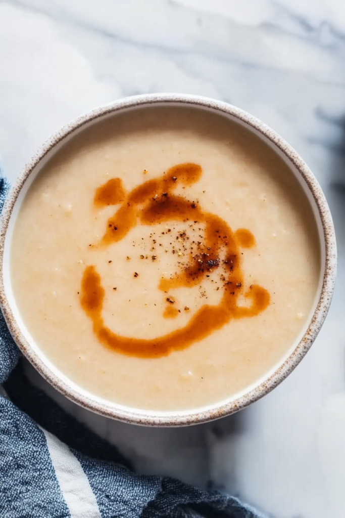 Golden-hued soup highlighting its velvety texture and vibrant garnish.
