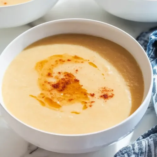 Rustic bowl of warm soup served with a spoon and cloth underneath.