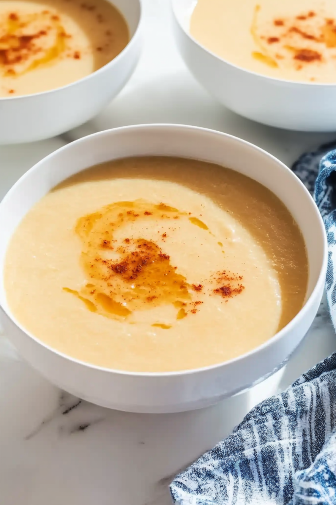 Rustic bowl of warm soup served with a spoon and cloth underneath.