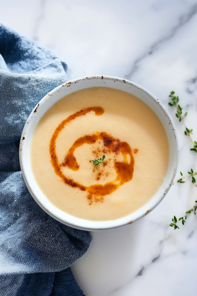 Creamy bowl of soup garnished with spiced oil and paprika.