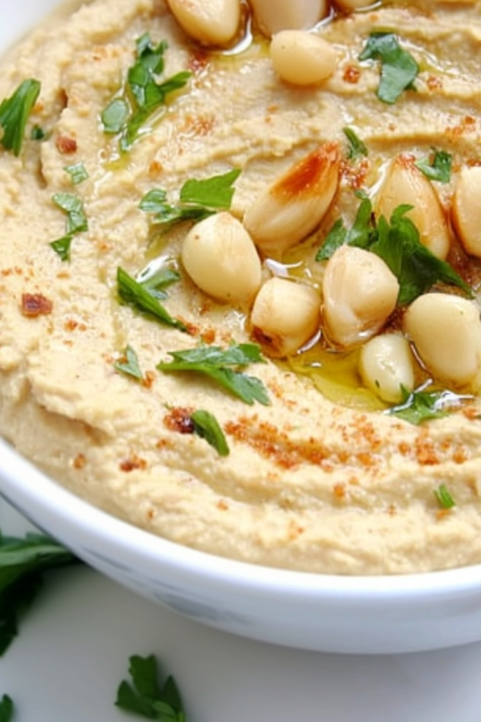 Close-up of hummus topped with herbs and spices, highlighting its velvety texture.