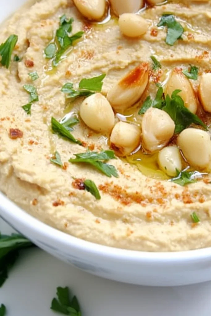 Close-up of hummus topped with herbs and spices, highlighting its velvety texture.