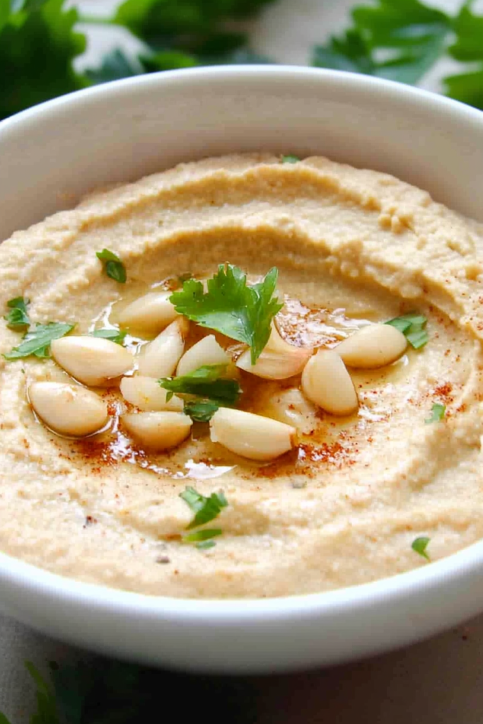 Rustic bowl of Middle Eastern dip with olive oil and paprika for color.