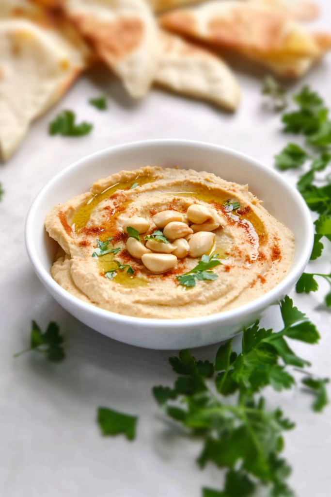 Smooth hummus in a white bowl, drizzled with olive oil and sprinkled with paprika.
