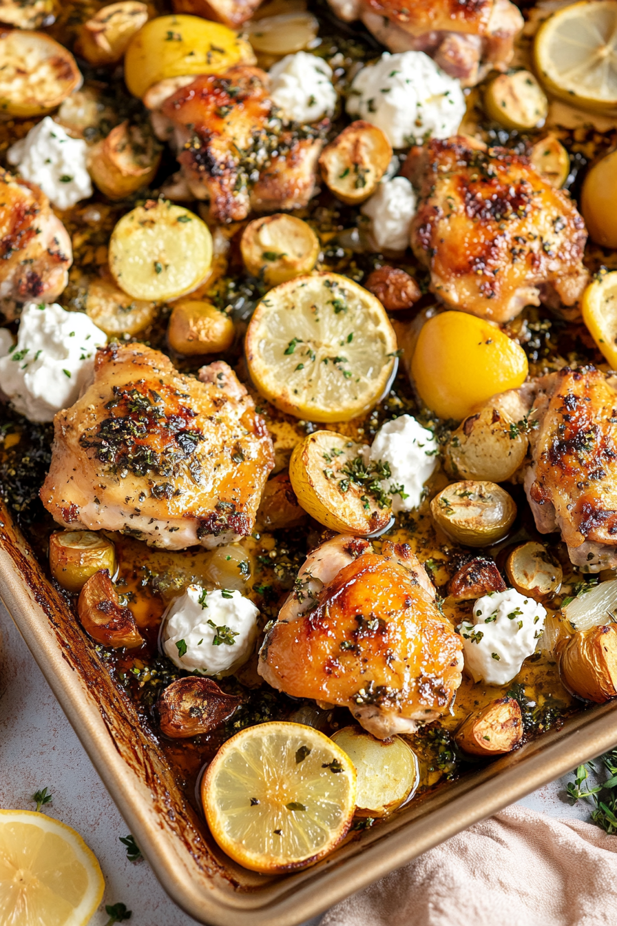 One-pan roasted meal featuring chicken, garlic cloves, caramelized lemon, and seasoned potatoes.