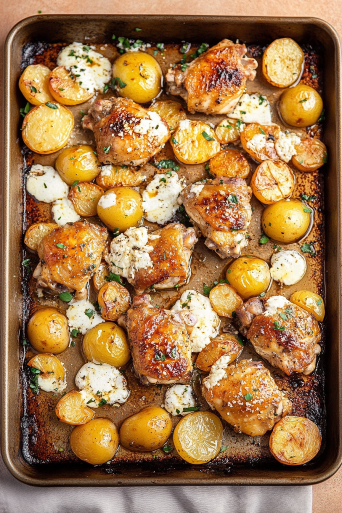 Sheet pan dinner of chicken and potatoes with balsamic glaze, topped with fresh herbs.