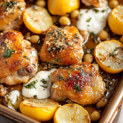 Close-up of baked chicken and potatoes, garnished with parsley and dollops of creamy sauce.