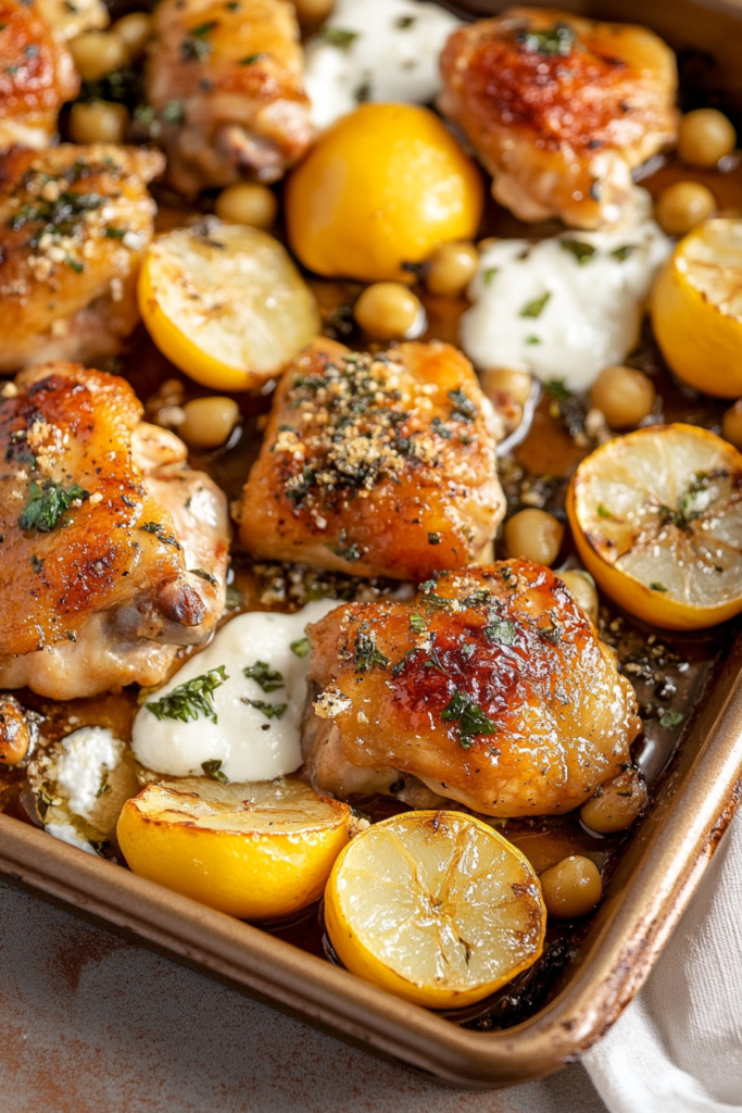 Close-up of baked chicken and potatoes, garnished with parsley and dollops of creamy sauce.
