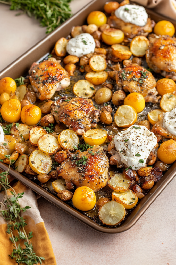 Golden roasted chicken thighs with crisp baby potatoes, lemon slices, and fresh herbs on a sheet pan.