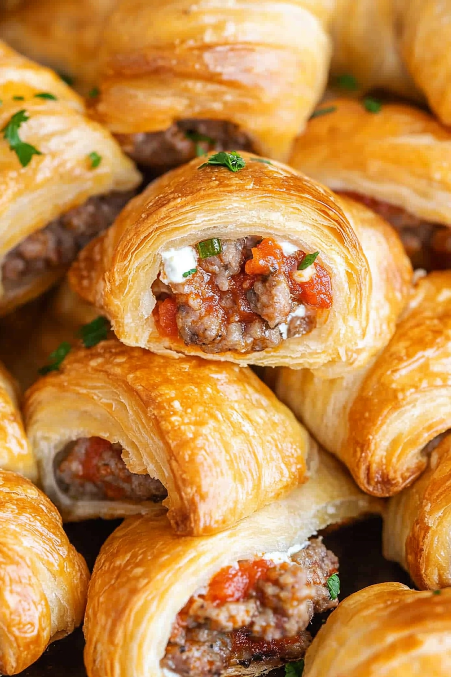 Golden puff pastry rolls filled with savory meat and cheese.