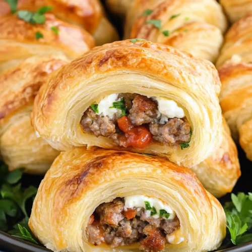 Crisp crescent rolls with a glossy finish and hearty stuffing.