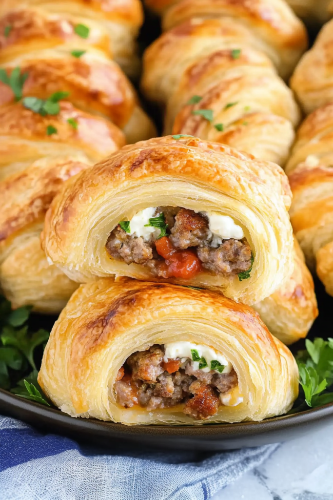 Crisp crescent rolls with a glossy finish and hearty stuffing.
