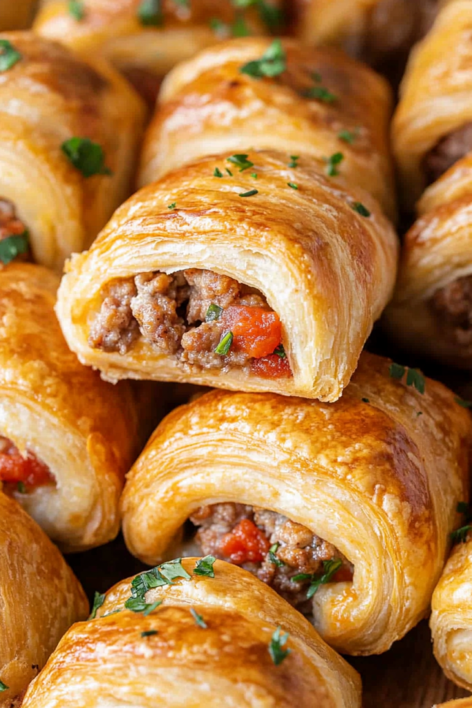Flaky crescents with a creamy sausage filling, garnished with parsley.