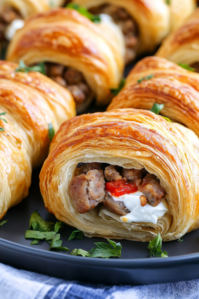 Appetizer platter of warm, flaky pastries filled with seasoned meat.