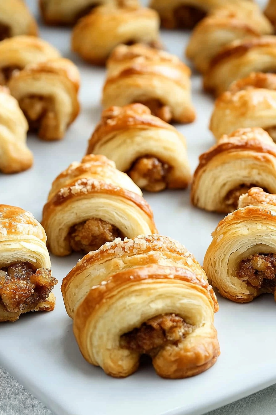 Freshly baked crescent pastries with layered dough and a rich cinnamon filling.