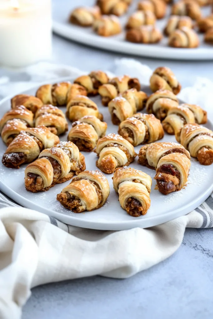 Homemade flaky pastry bites baked until golden and filled with sweet nut filling.