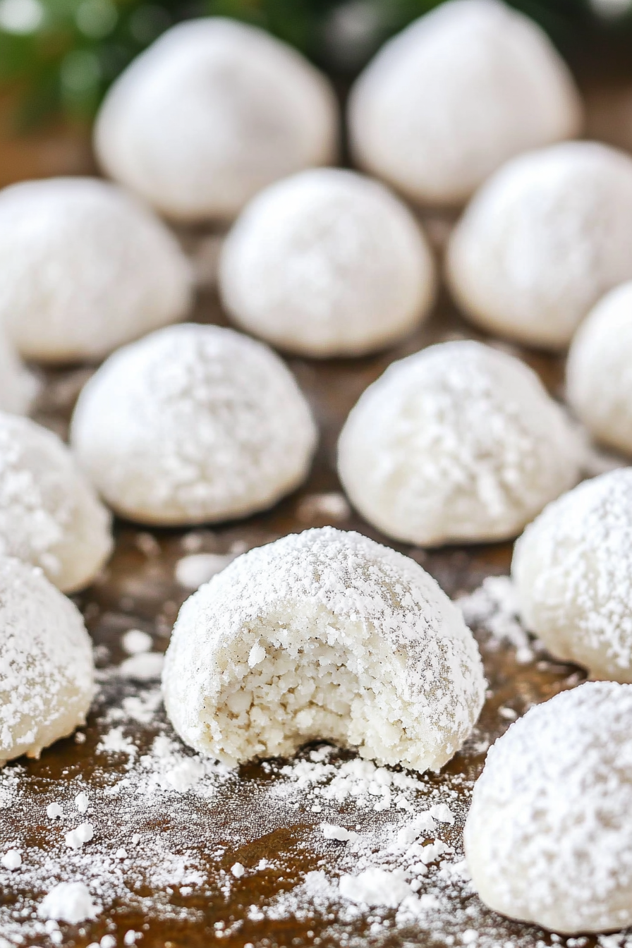 Soft, buttery cookies rolled in powdered sugar, highlighting their delicate texture and holiday appeal.