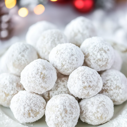 Plate of round cookies coated in powdered sugar with festive holiday lights in the background.