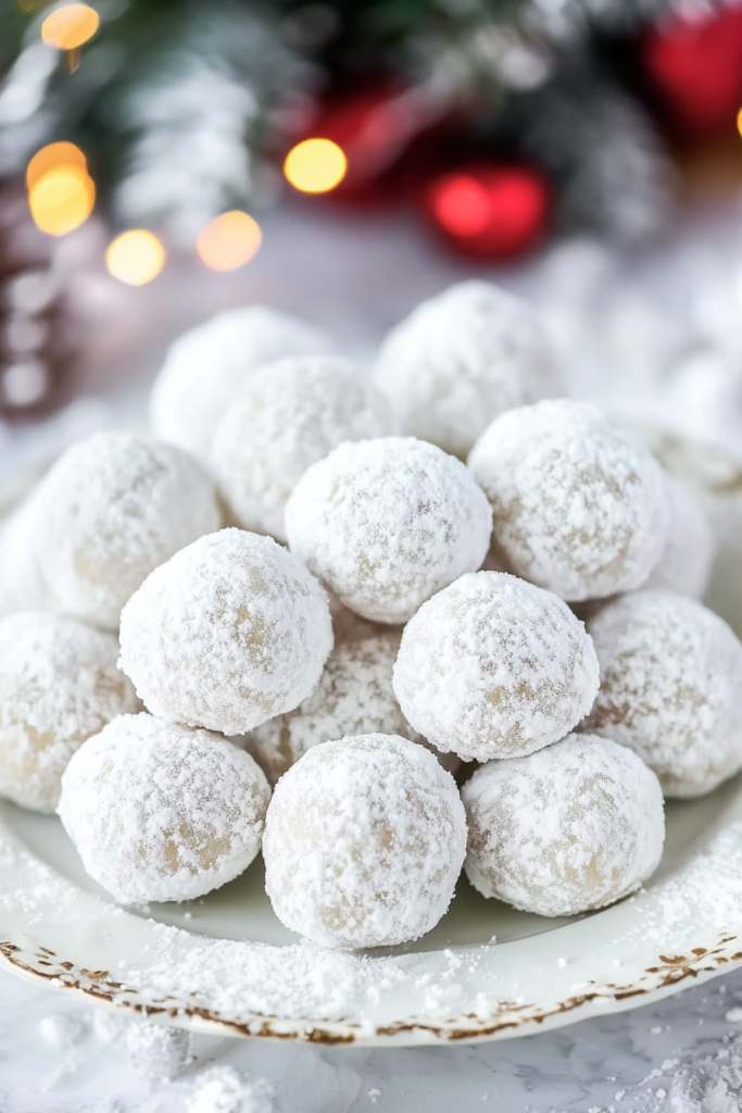 Plate of round cookies coated in powdered sugar with festive holiday lights in the background.
