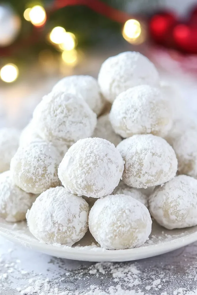 Soft, buttery cookies rolled in powdered sugar, arranged for a seasonal dessert display.