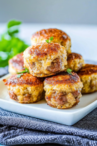 Final presentation of sausage pancake muffins, emphasizing their golden crust and tender inside.