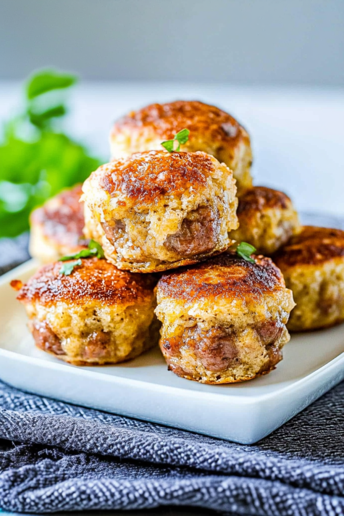 Final presentation of sausage pancake muffins, emphasizing their golden crust and tender inside.