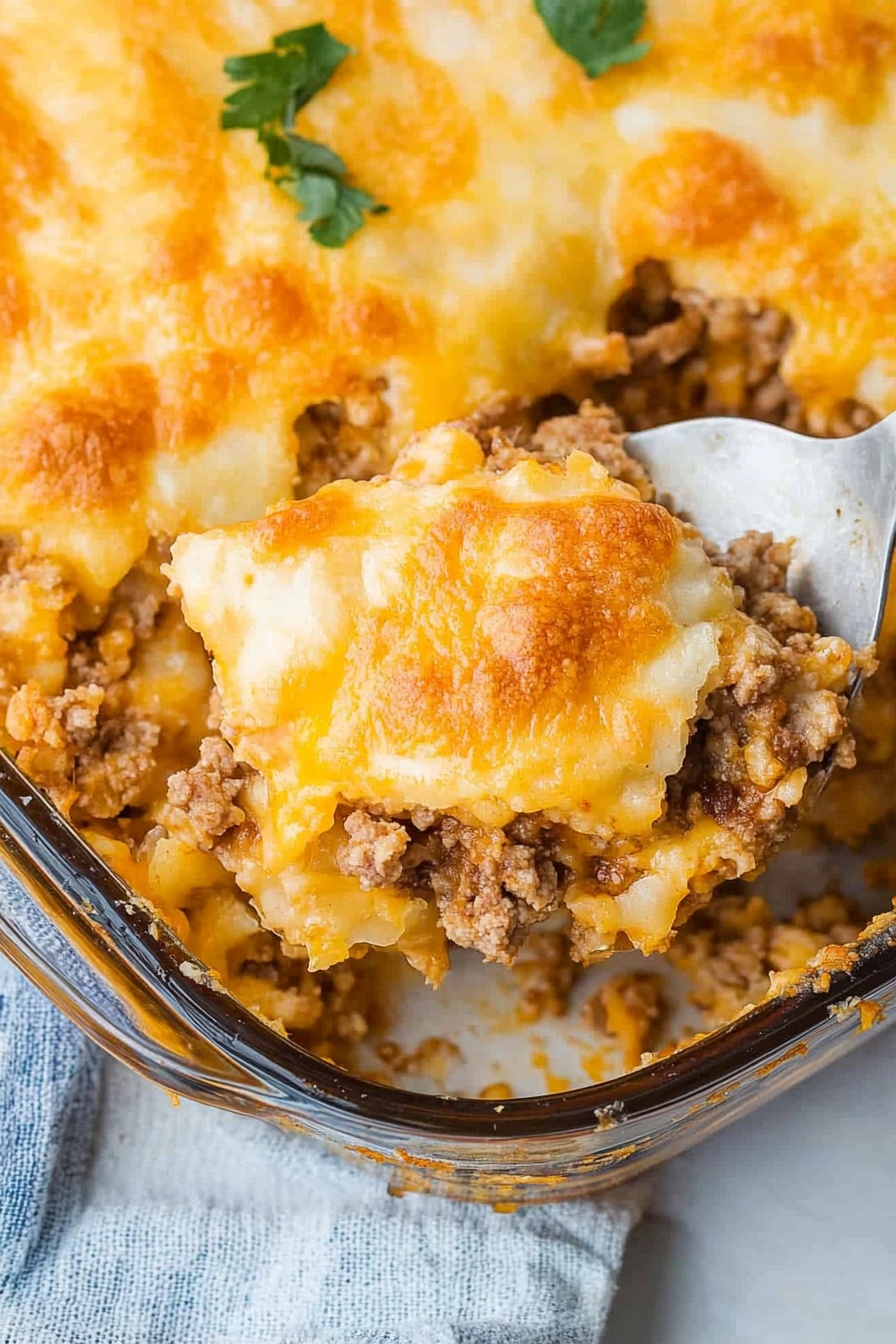 Final presentation of casserole in a pan, with melted cheese and browned crust giving a rustic look.