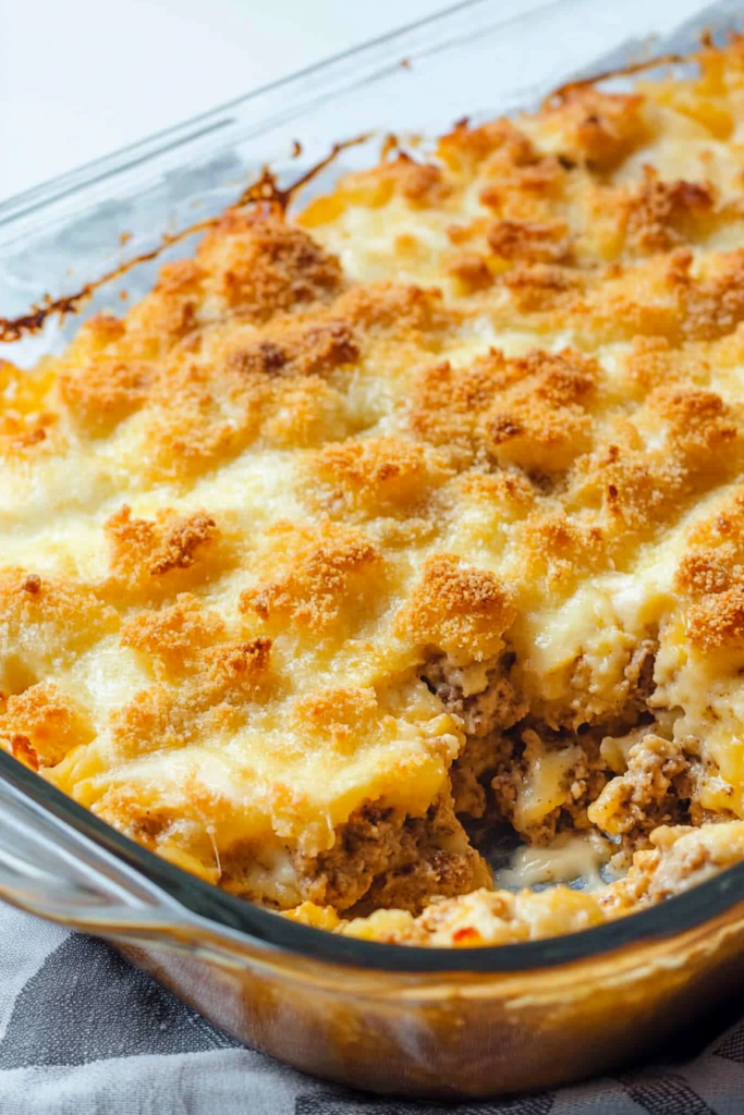 Baked casserole with a golden breadcrumb and cheese topping, showing layers of pasta and seasoned beef inside.