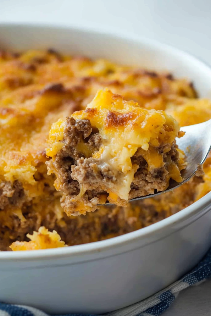 Freshly baked dish with crispy topping, highlighting the creamy layers of noodles and savory beef beneath.