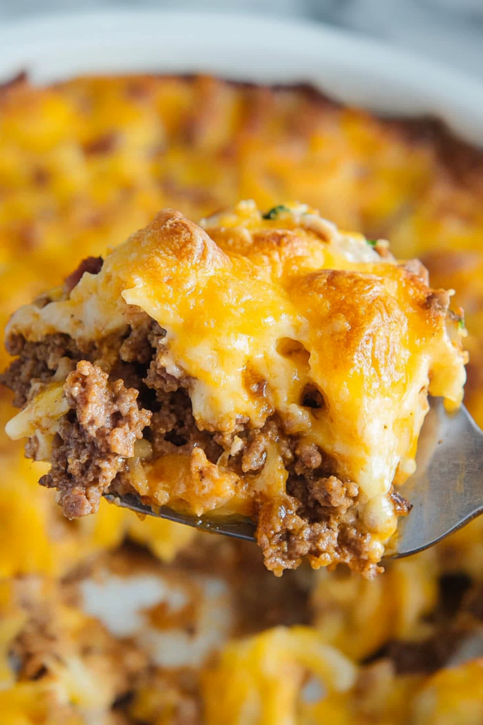 Comfort food casserole styled for serving, showcasing rich textures and a crisp, golden finish.