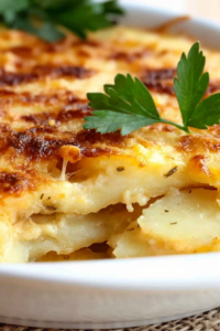 Close-up of rich, cheesy scalloped potatoes served in a rustic baking dish.