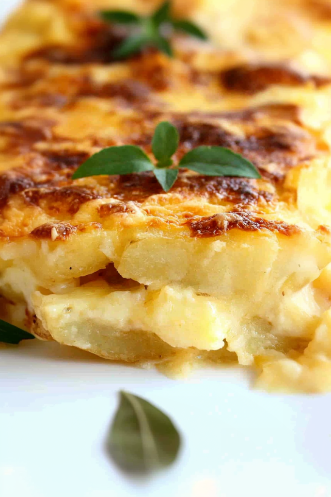 Scalloped potatoes with three cheeses, baked until the edges are crisp and the center creamy.