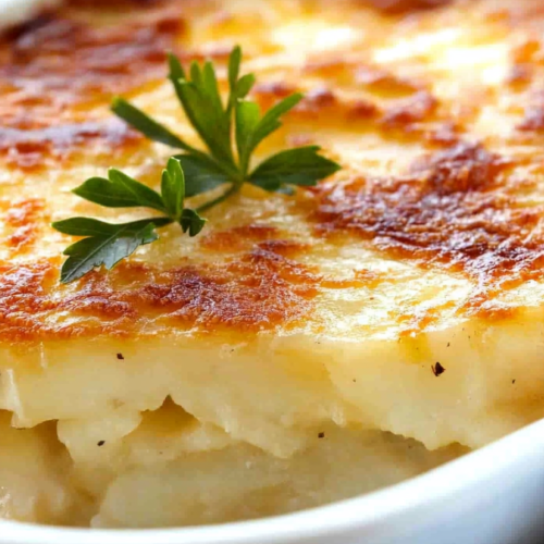 Golden-baked potato gratin with a crisp, cheesy crust and fresh parsley garnish.