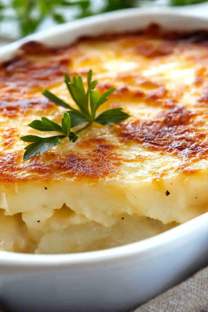 Golden-baked potato gratin with a crisp, cheesy crust and fresh parsley garnish.