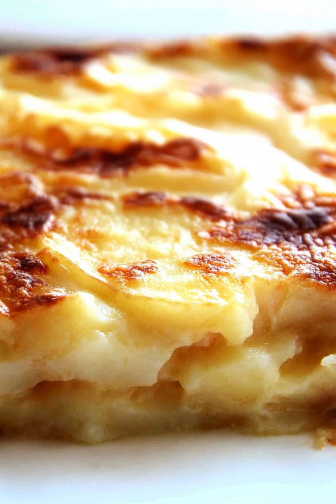 Layers of thinly sliced potatoes in a creamy sauce, bubbling and browned from the oven.