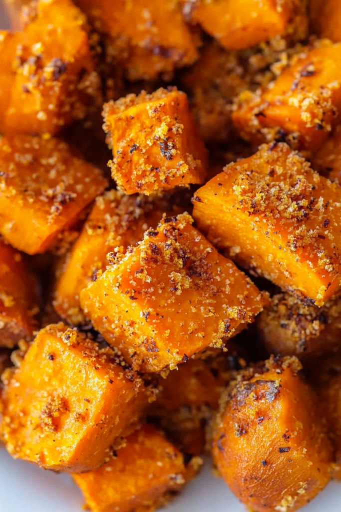 Roasted sweet potato cubes with a crunchy breadcrumb coating and caramelized edges.