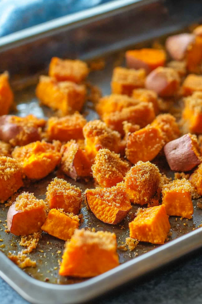 Oven-roasted sweet potato cubes with a crisp breadcrumb topping and deep caramelized color.