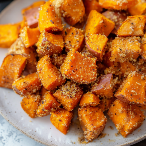 Crispy shake-and-bake sweet potatoes coated in seasoned crumbs and roasted until golden.