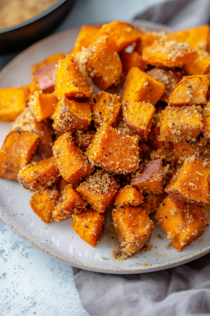 Crispy shake-and-bake sweet potatoes coated in seasoned crumbs and roasted until golden.