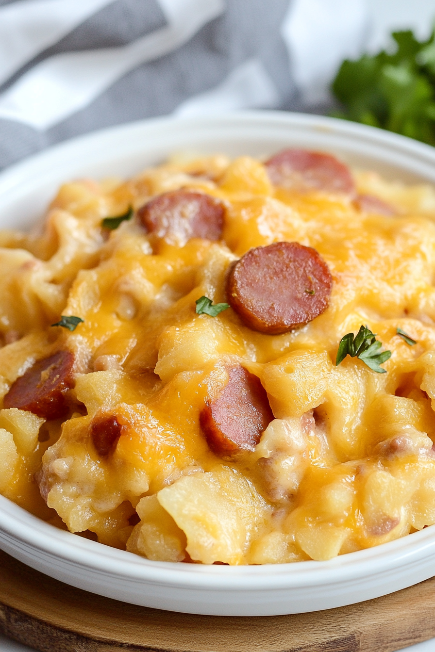 Final serving of cheesy casserole, garnished with fresh herbs for color.