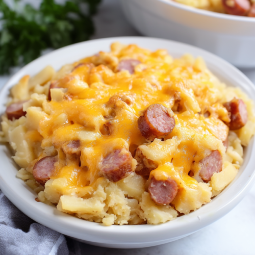 Comfort food casserole in a white dish, layers of sausage and potatoes visible.