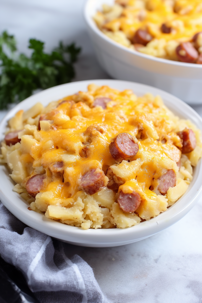 Comfort food casserole in a white dish, layers of sausage and potatoes visible.