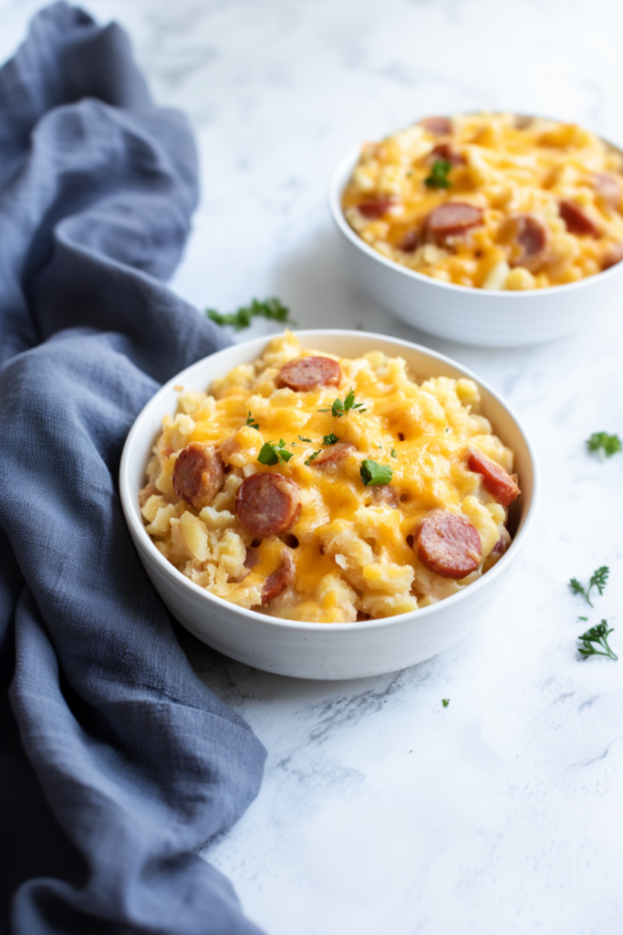 Bowl of golden hashbrown casserole with melted cheese and sliced sausage.