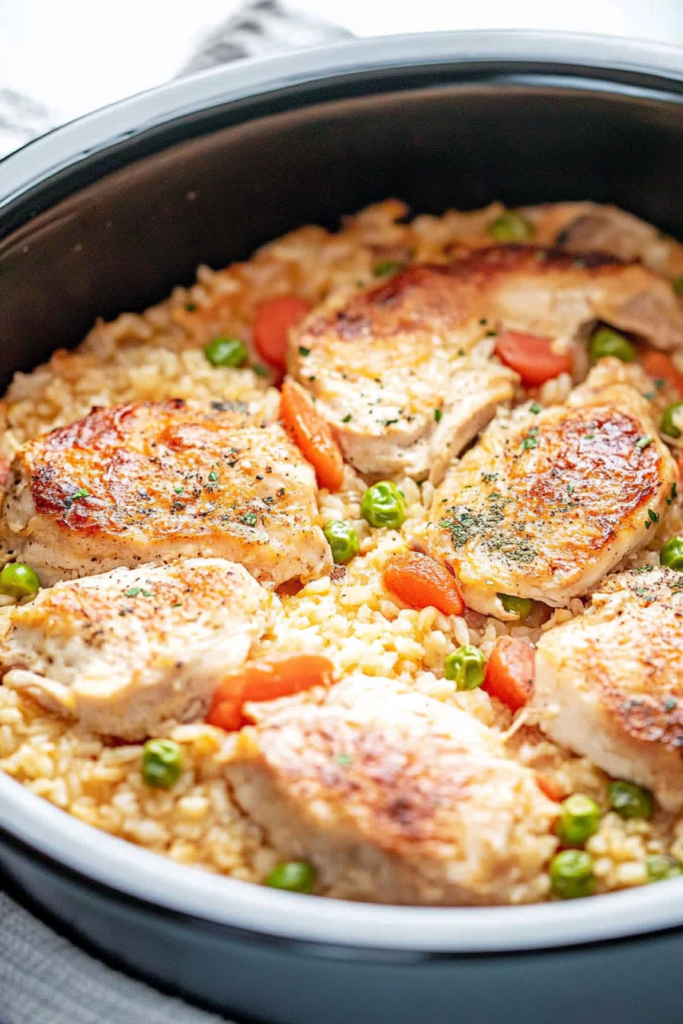 Homemade chicken dinner with seasoned rice, vegetables, and crispy golden chicken on top.