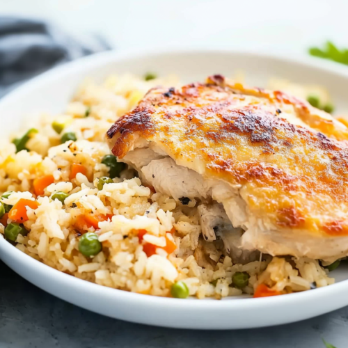 Juicy pan-seared chicken served over fluffy rice with peas and diced carrots.