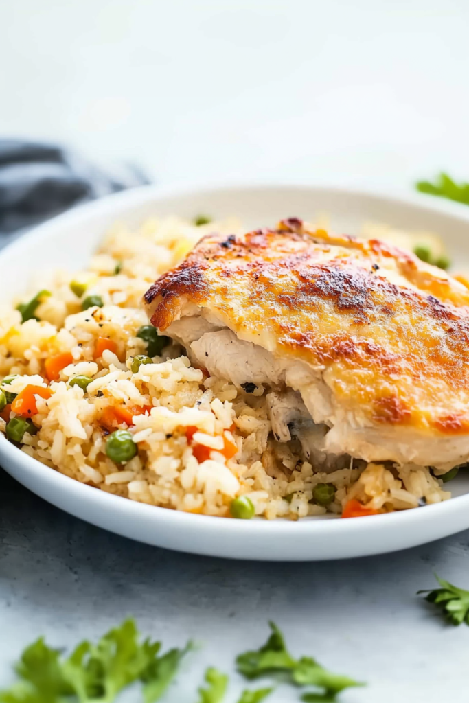 Juicy pan-seared chicken served over fluffy rice with peas and diced carrots.