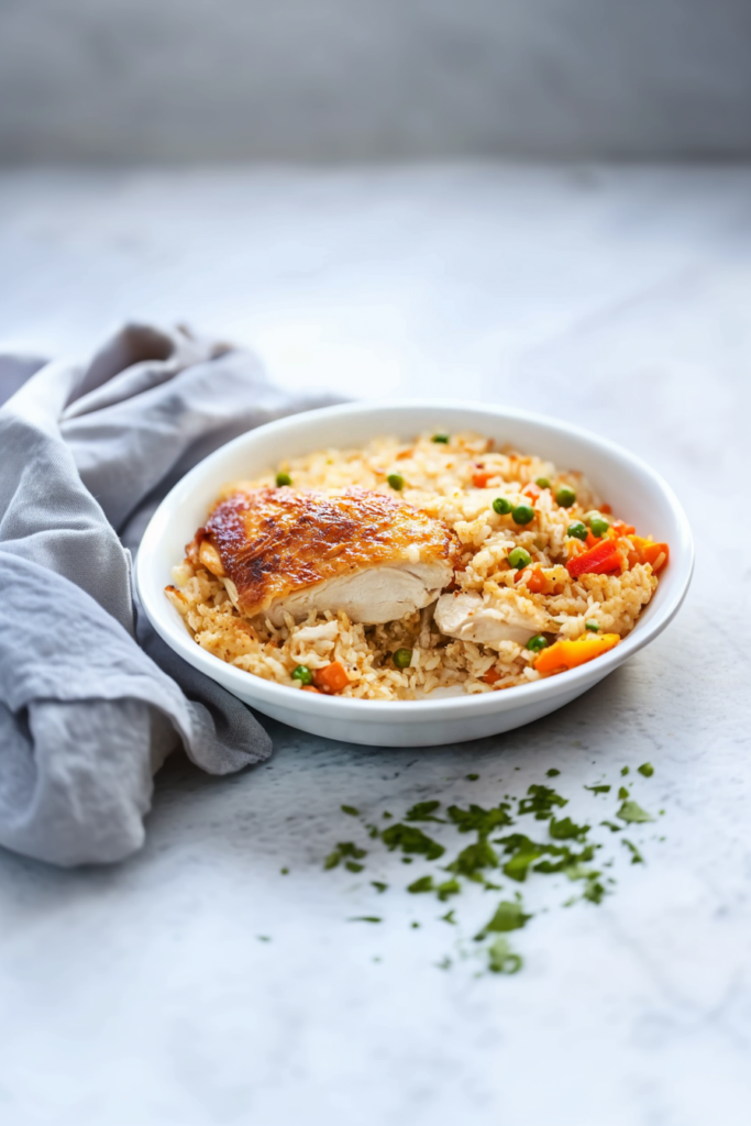 Slow cooker chicken and rice casserole with golden seared chicken and seasoned rice.