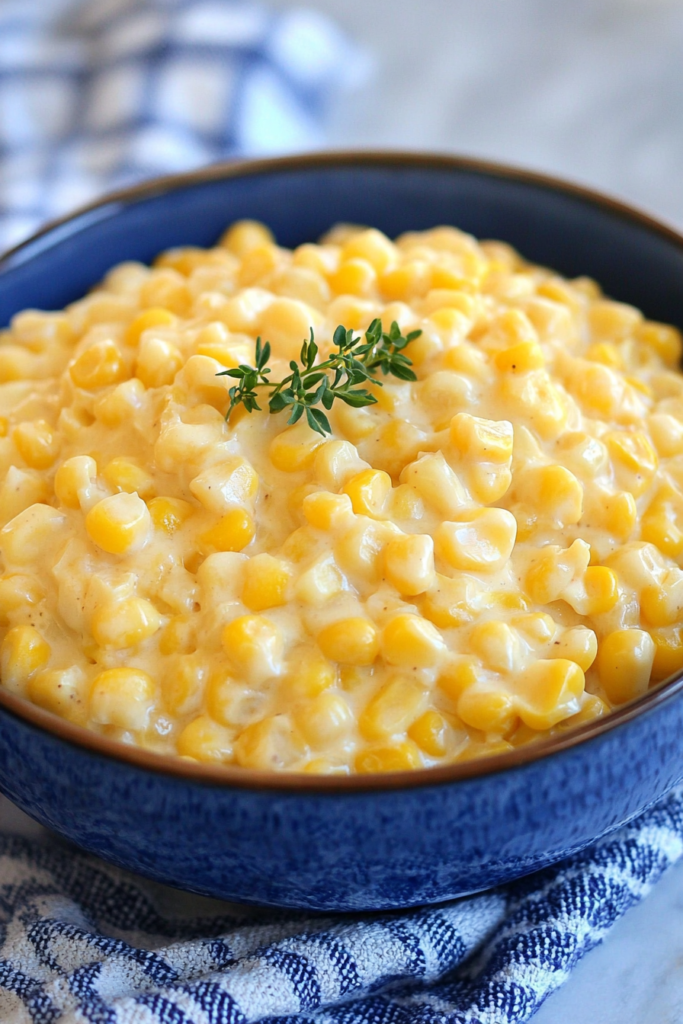 Rustic presentation of corn in a dark bowl on a checkered cloth.
