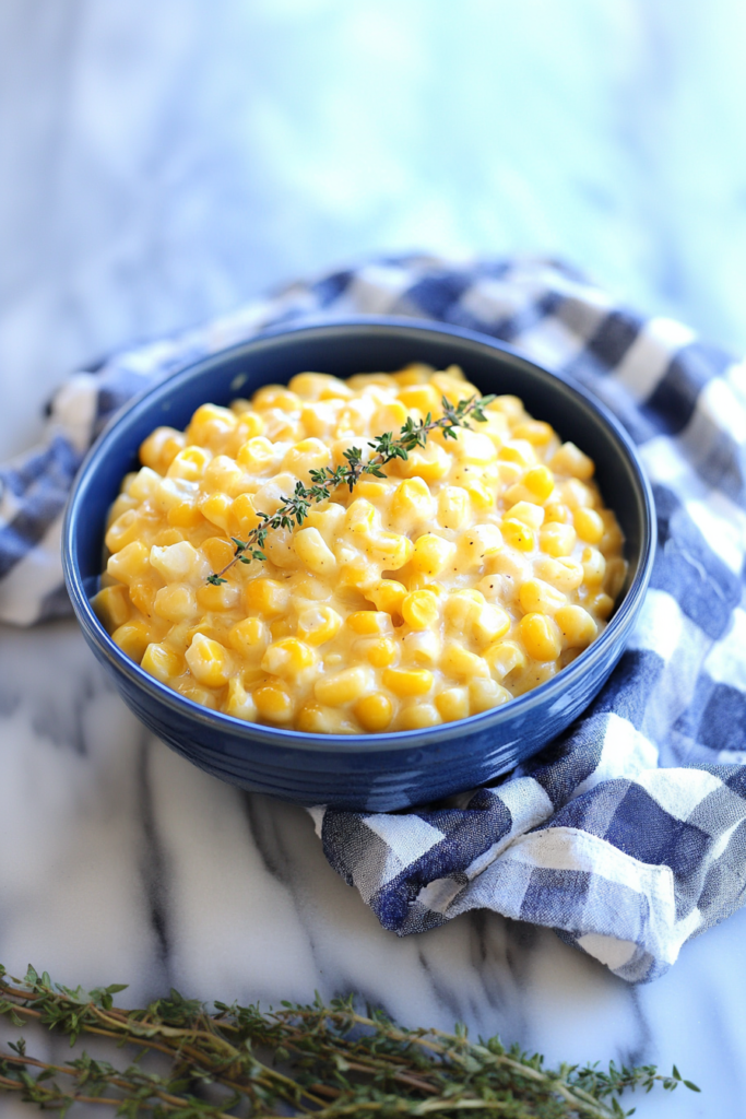 Bowl of creamy corn topped with a sprig of thyme.